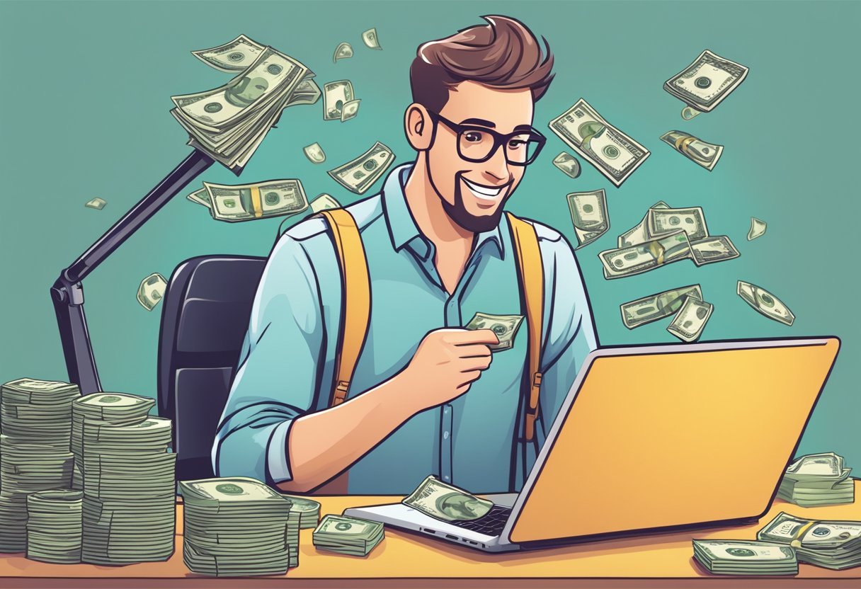 A person sitting at a desk with a laptop, completing surveys and earning money on the Toluna platform. A stack of cash and a happy expression on their face