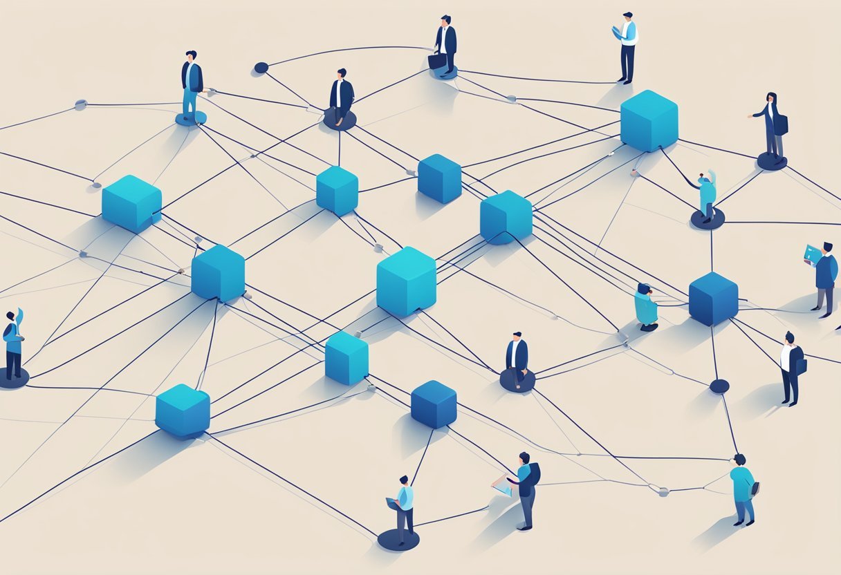 A network of interconnected nodes exchanging value through a central hub, symbolizing Trunited's collaborative platform