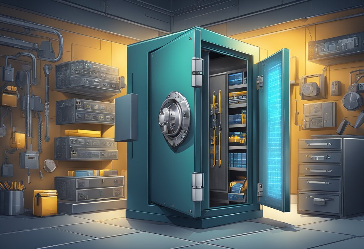 A secure vault with tools inside, surrounded by high-tech security measures