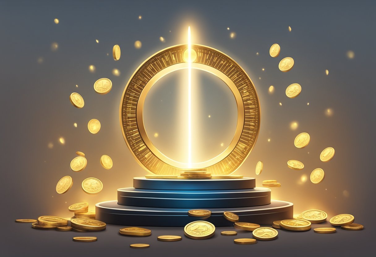 A glowing halo of light surrounds a scale, with one side weighted down by a pile of coins and the other side lifting up a symbol of redemption