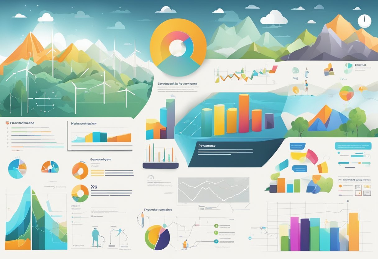 A diverse range of survey topics displayed on a landscape, with colorful charts and graphs representing valued opinions