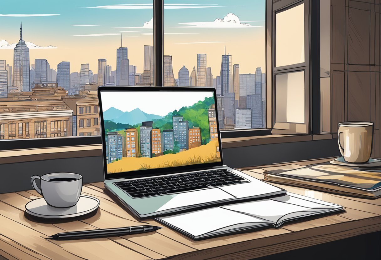 A laptop sits open on a wooden desk, surrounded by a notebook, pen, and cup of coffee. A window in the background shows a cityscape