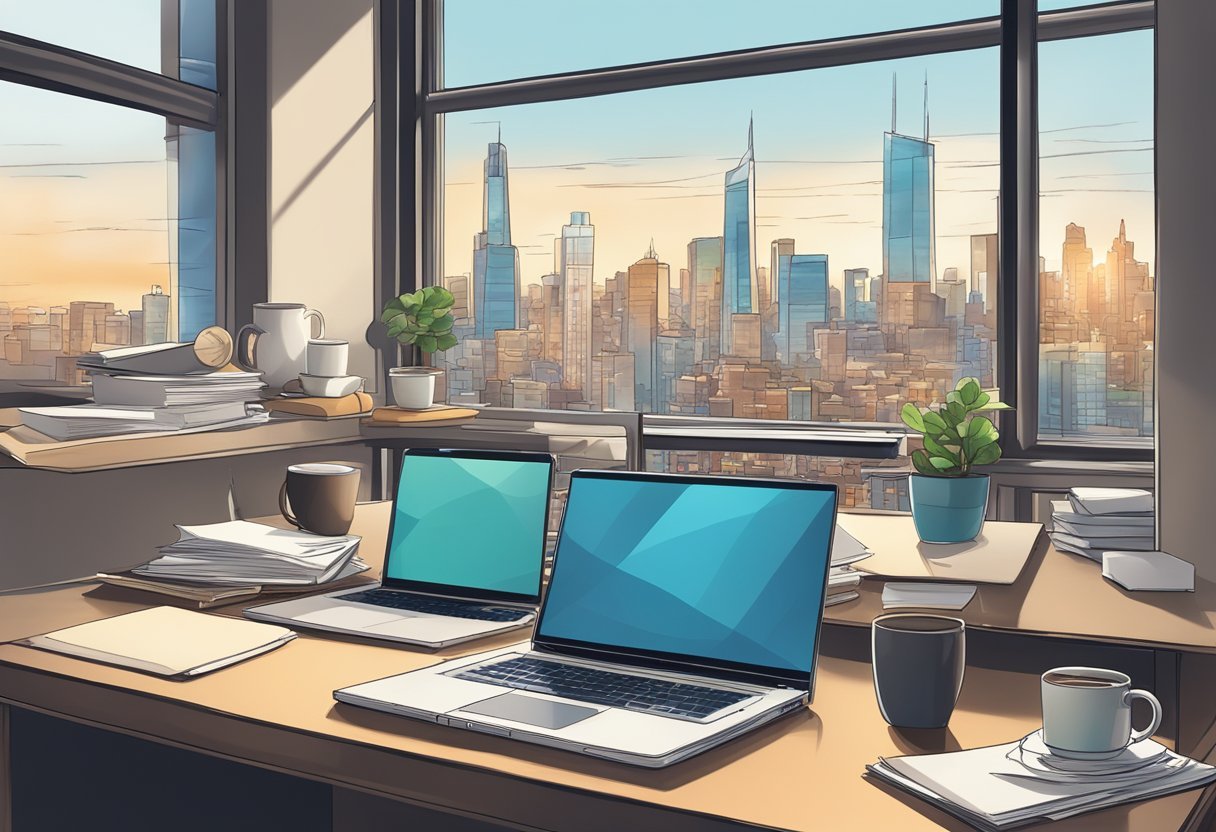 A laptop on a cluttered desk, surrounded by coffee mugs and papers, with a window showing a cityscape in the background