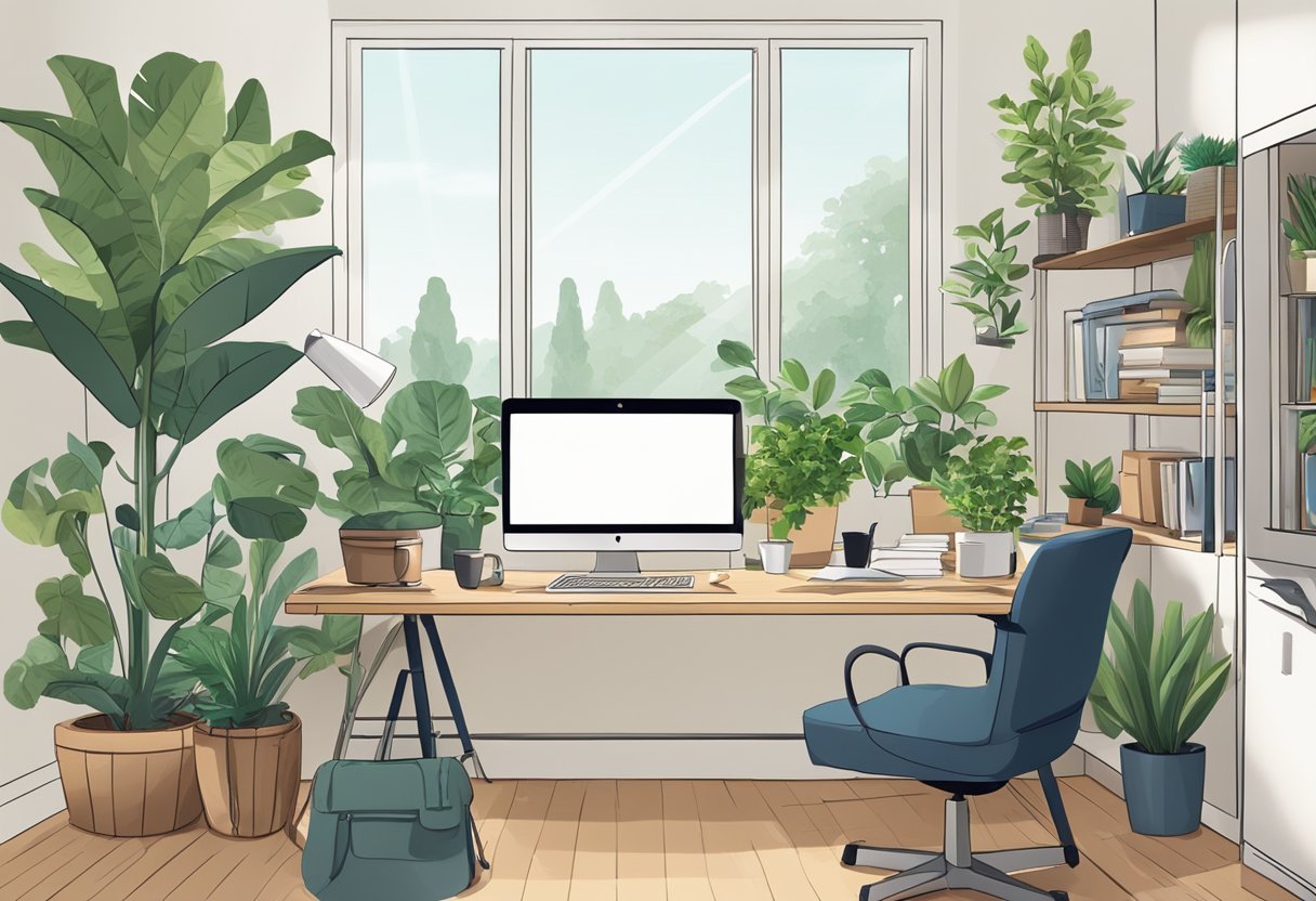 A busy, modern home office with a computer, phone, and notebook on a desk, surrounded by plants and natural light