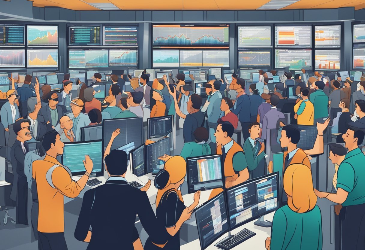 A bustling trading floor with people gesturing and shouting, screens displaying stock prices, and a sense of urgency in the air