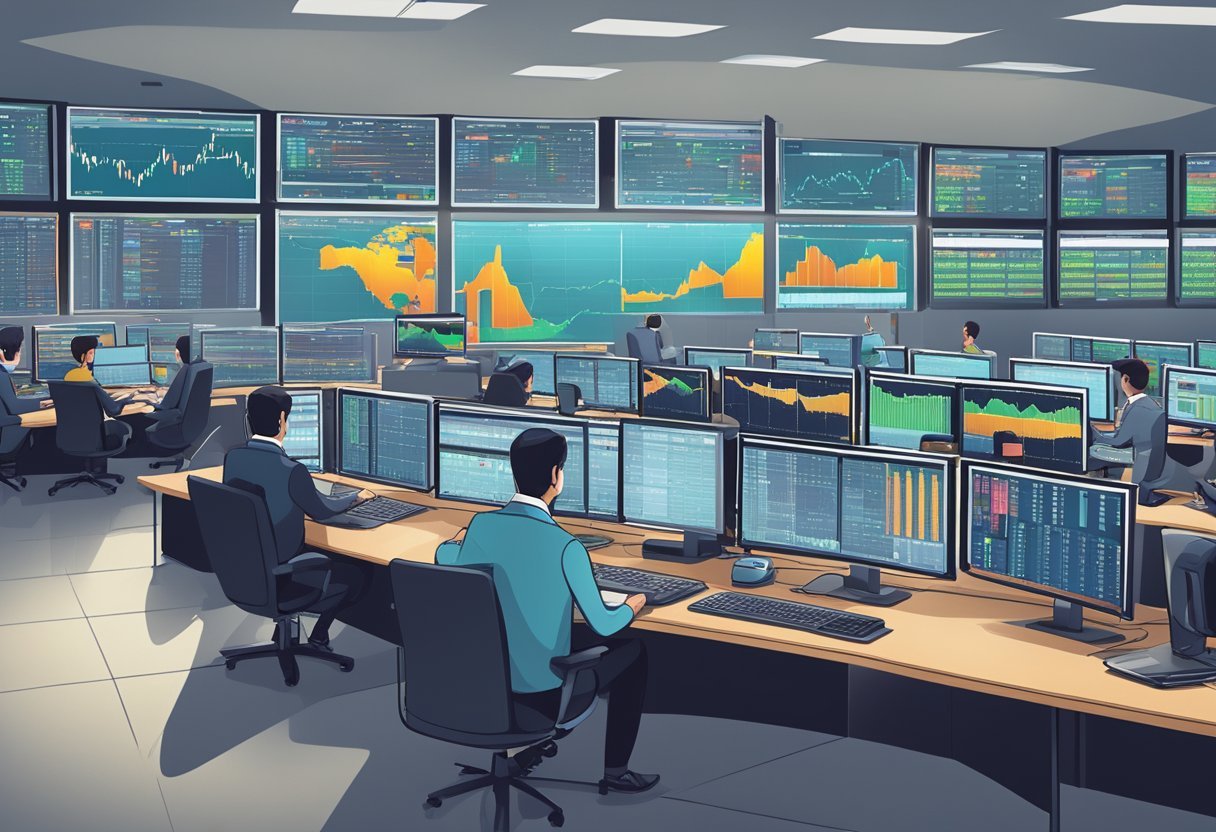 A bustling trading floor with multiple screens displaying real-time market data, traders communicating and analyzing data, and a sense of urgency in the air