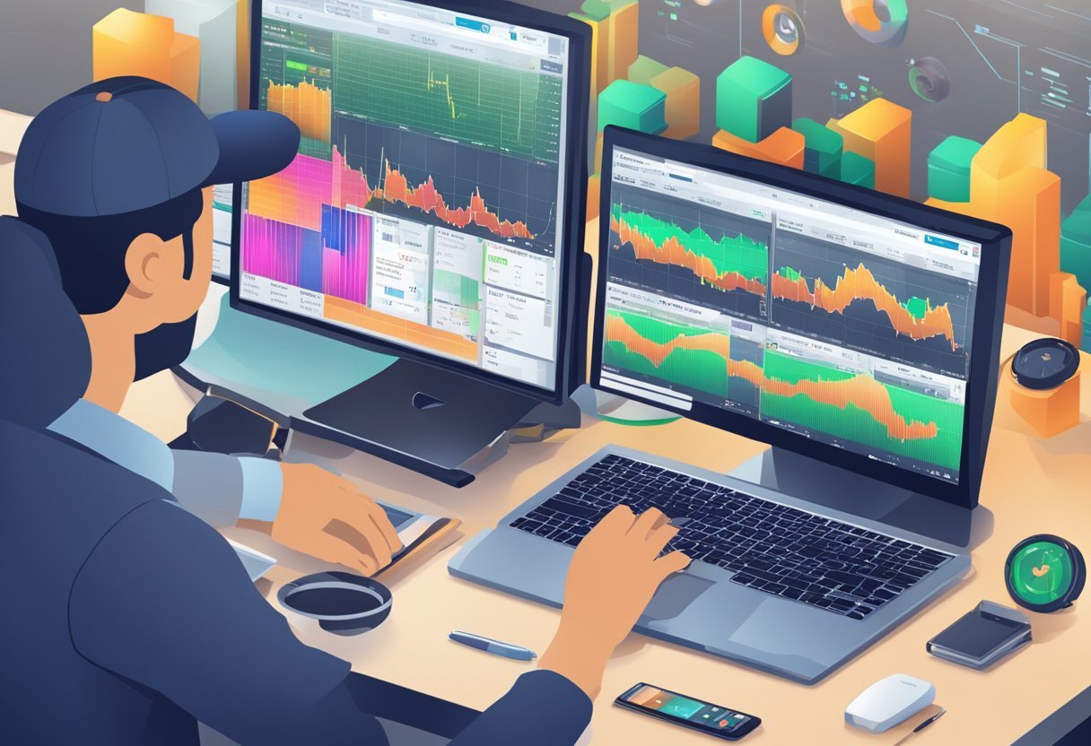 The bustling market is filled with traders and buyers, as WizeTrade's data is displayed on screens, showing fluctuating market trends