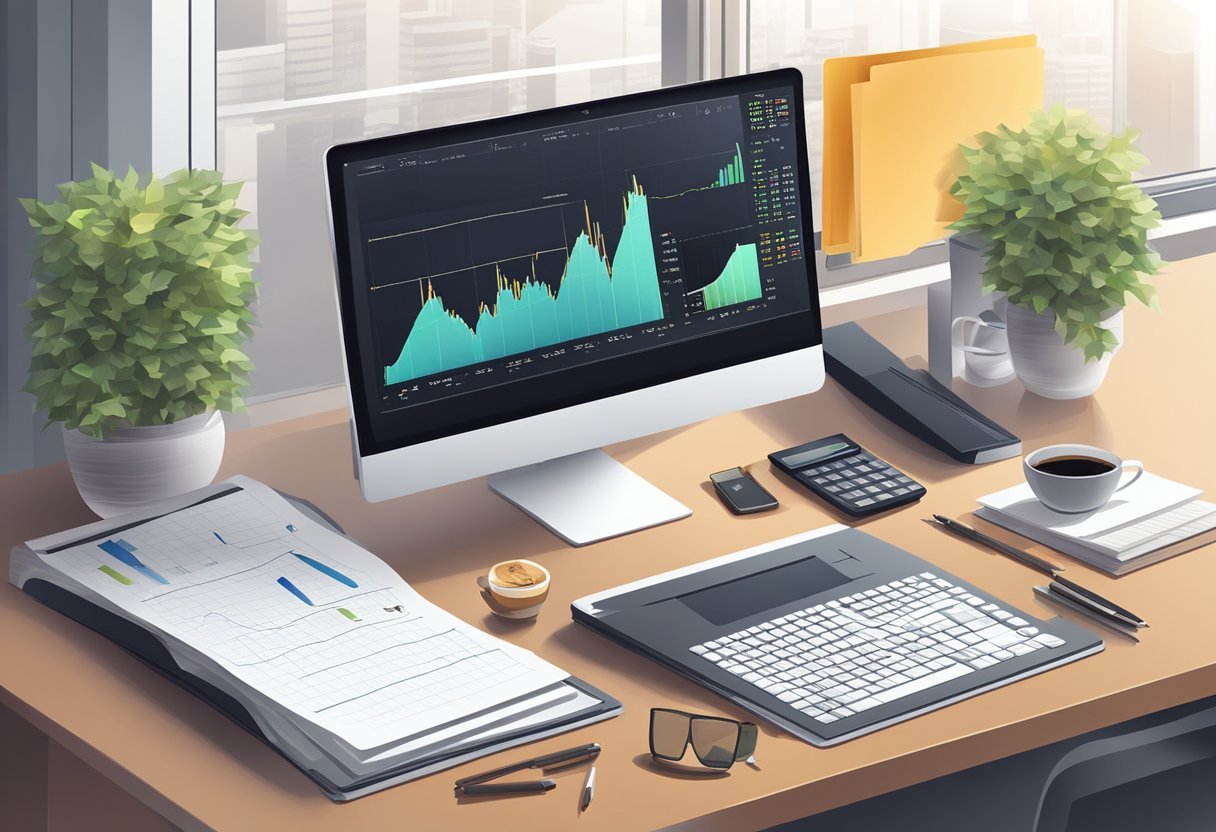 A desk with a computer screen showing trading charts, a notebook with written notes, and a pen. A cup of coffee and a calculator are also on the desk