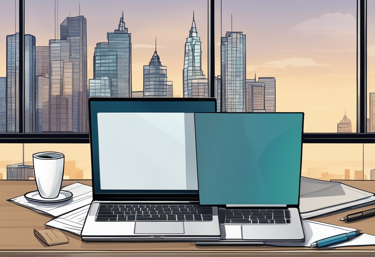 A laptop sits open on a desk, surrounded by scattered papers and a coffee mug. A pen and notebook lay nearby, with a window showing a city skyline in the background