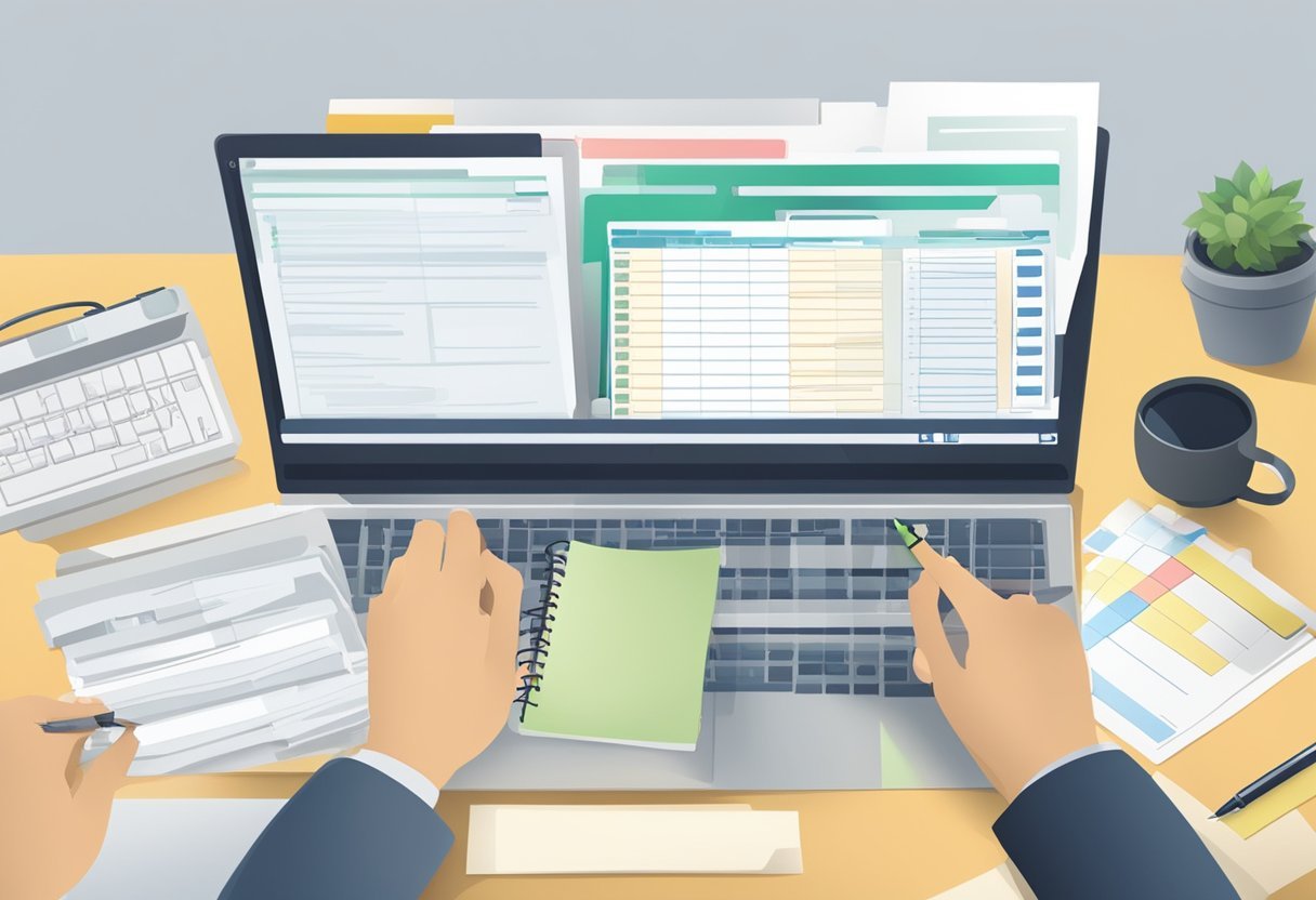 A desk with a computer, papers, and a checklist. A hand holding a pen is crossing off items on the checklist