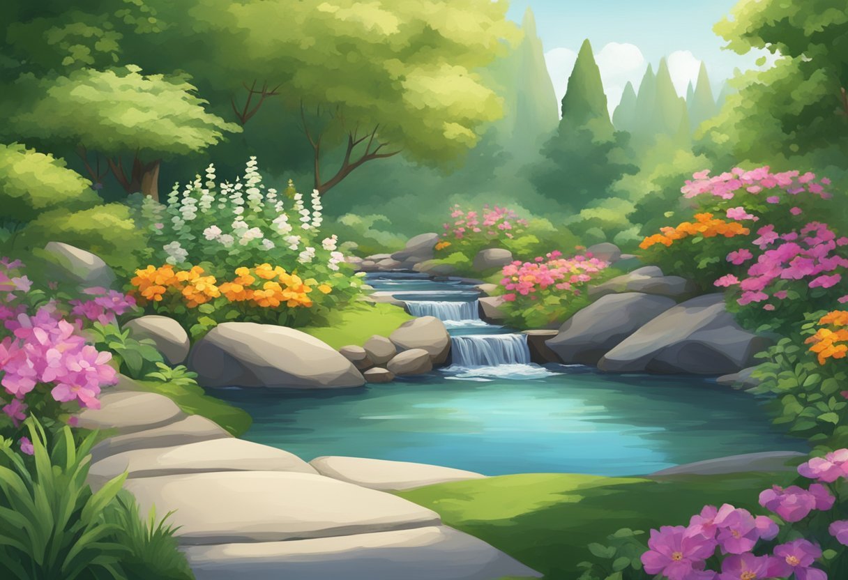 Zen Surveys Review: A peaceful garden with a flowing stream, surrounded by lush greenery and colorful flowers. A serene atmosphere with a sense of tranquility and mindfulness