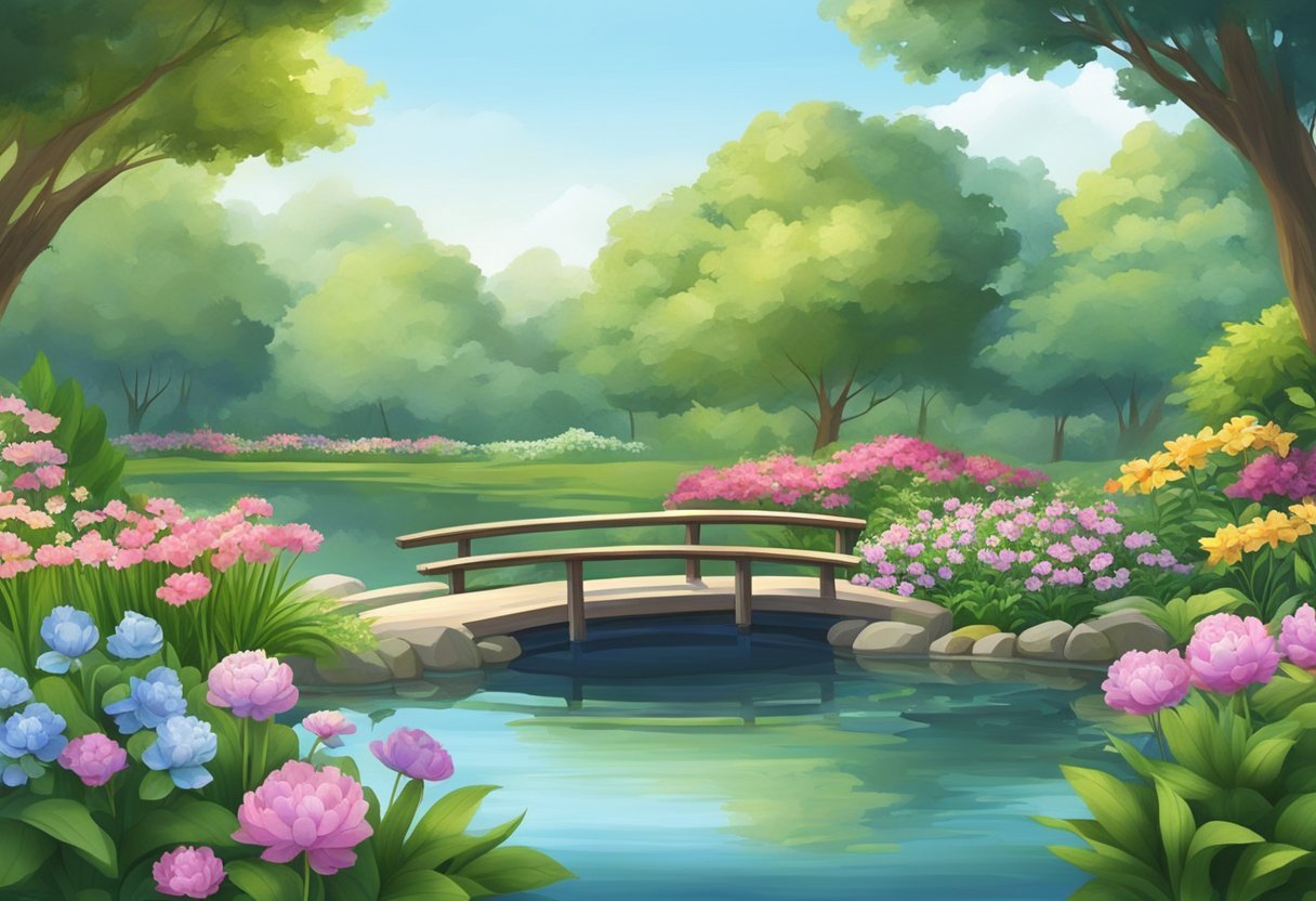 A serene garden with a peaceful pond, surrounded by lush greenery and blooming flowers. A sense of tranquility and calmness permeates the scene