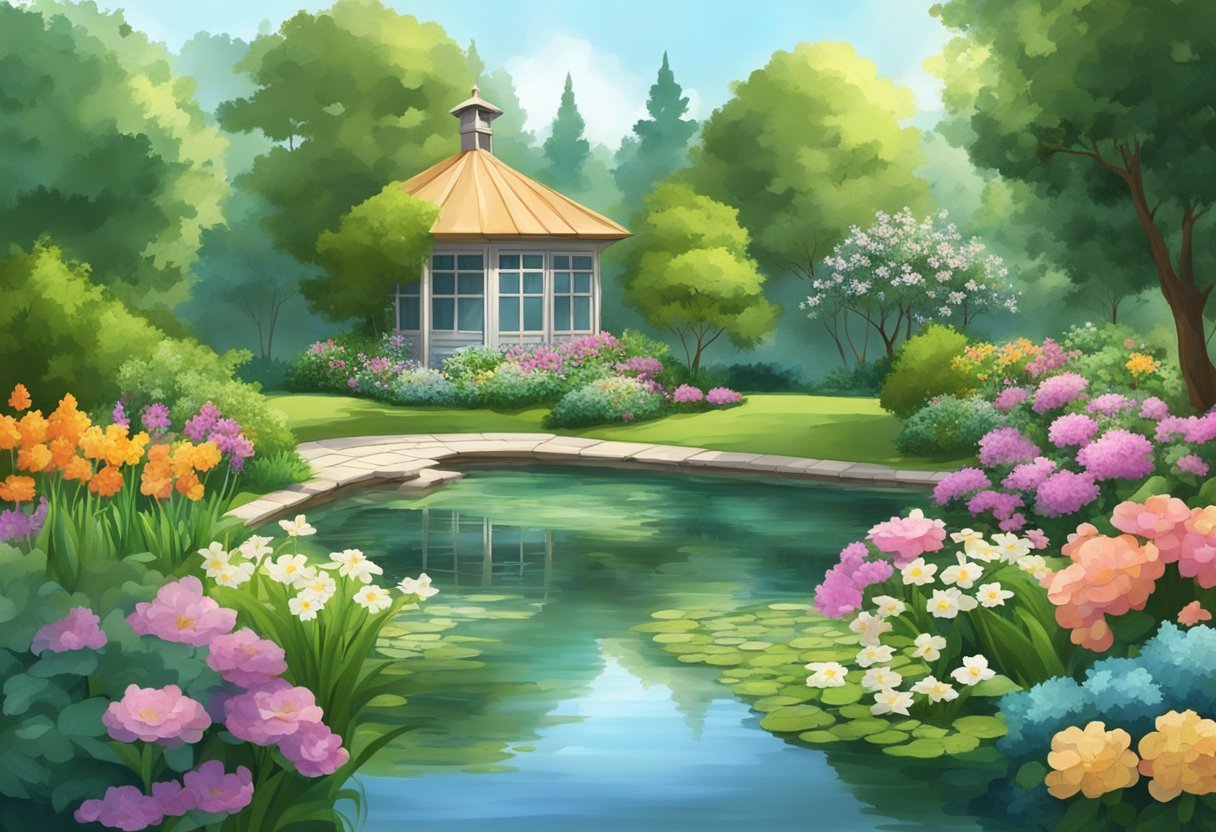 A serene garden with a peaceful pond, surrounded by lush greenery and blooming flowers, with a tranquil atmosphere for contemplation