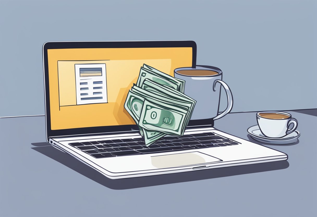 A desk with a laptop, coffee mug, and a stack of cash. A banner with "Earning Money Through ZNZ Zip Nada Zilch Review" displayed on the laptop screen