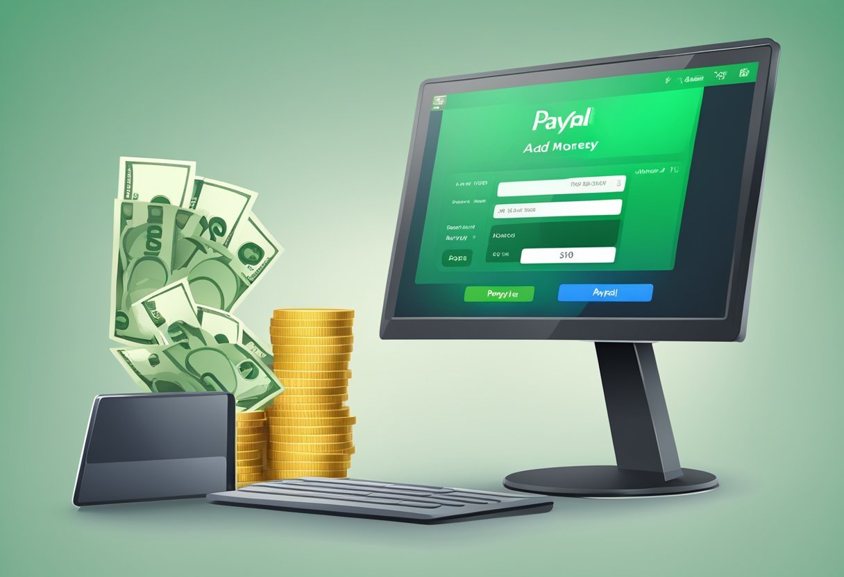 A computer screen displaying the PayPal Money Adder interface with a green "Add Money" button and a balance increasing in real time