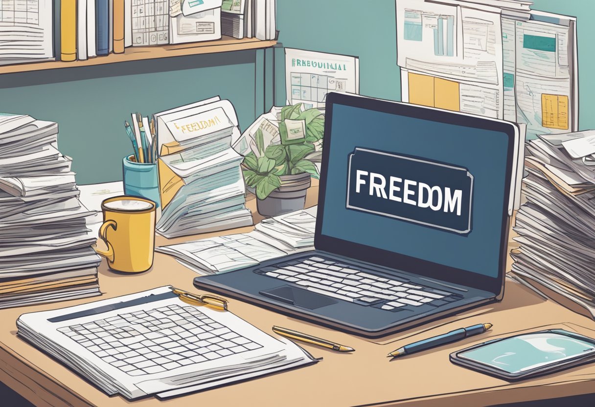 A cluttered desk with financial documents, a laptop displaying economic data, and a stack of books on personal finance. A calendar with a 90-day countdown and a sign reading "Freedom" in bold letters