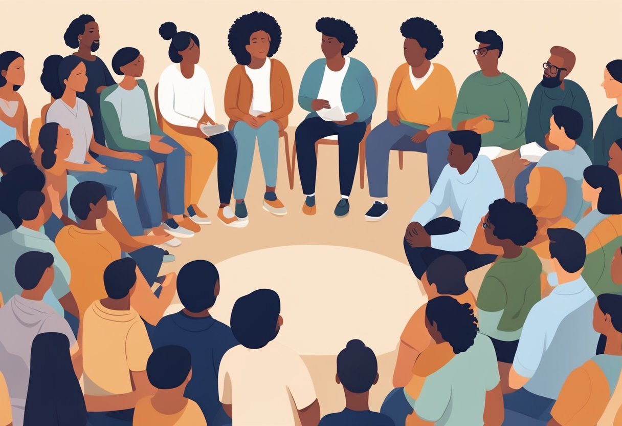 A diverse group gathers in a circle, sharing stories and offering support. A warm, welcoming atmosphere is evident as people connect and engage in meaningful conversations