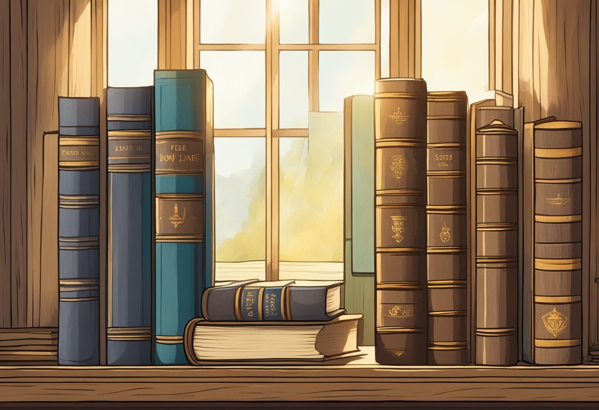 A group of old, weathered books sit on a dusty wooden shelf, their spines bearing the title "The Founders and Philosophy of Dow Janes Dow Janes Review." Rays of sunlight filter through the window, illuminating the books and casting