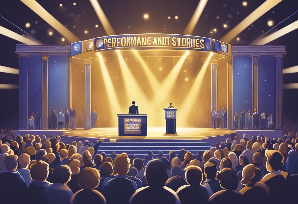 A stage with a spotlight shining on a podium, surrounded by a cheering crowd. A banner with the words "Performance and Success Stories Dow Janes Review" hangs in the background