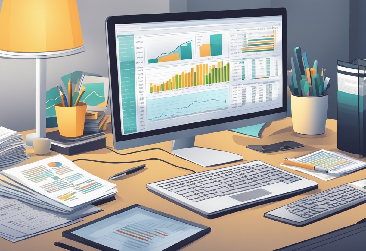 A desk cluttered with financial reports, a computer displaying stock market charts, and a stack of books on investment strategies