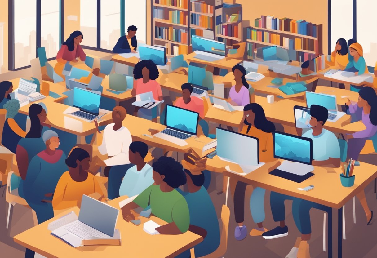 A diverse group of people engaging in online learning, surrounded by books, computers, and educational materials. The atmosphere is lively and collaborative, with a sense of excitement and curiosity