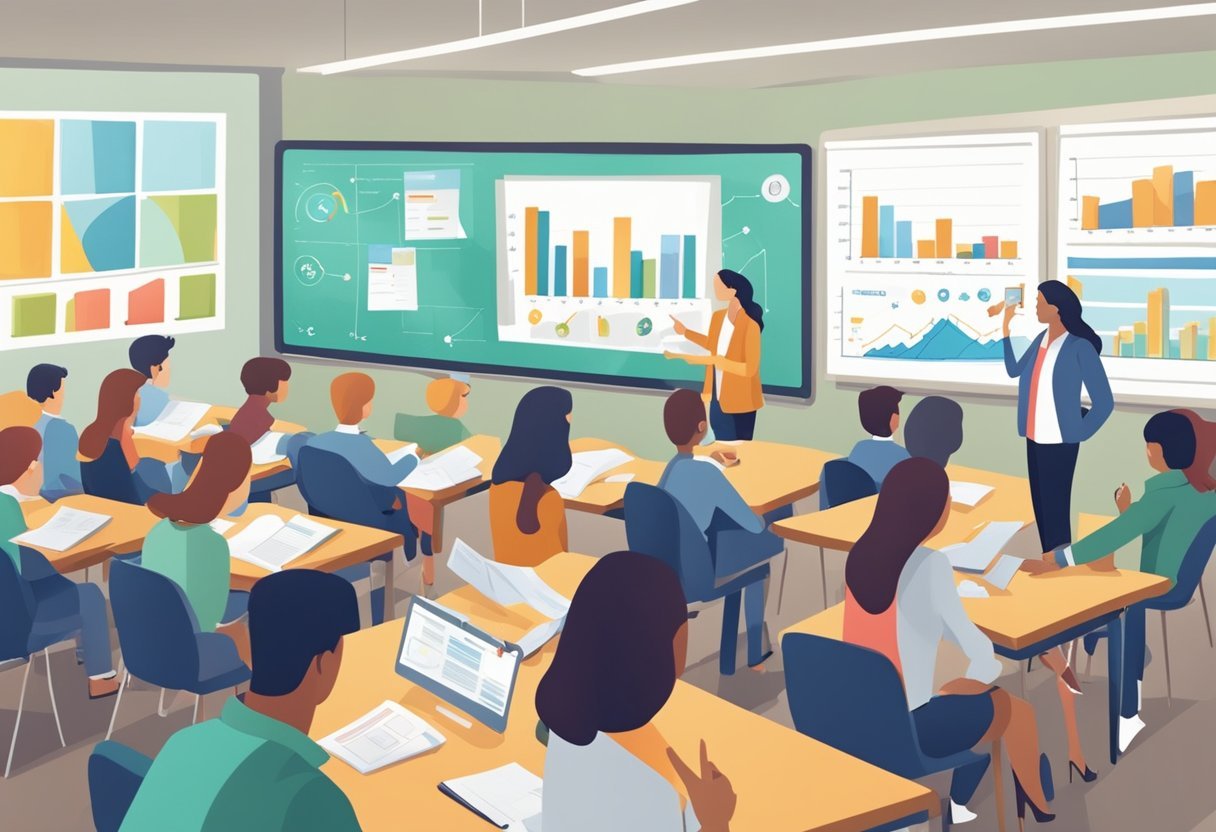 A bustling classroom with students engaged in lively discussions, surrounded by charts and graphs depicting marketing and sales strategies