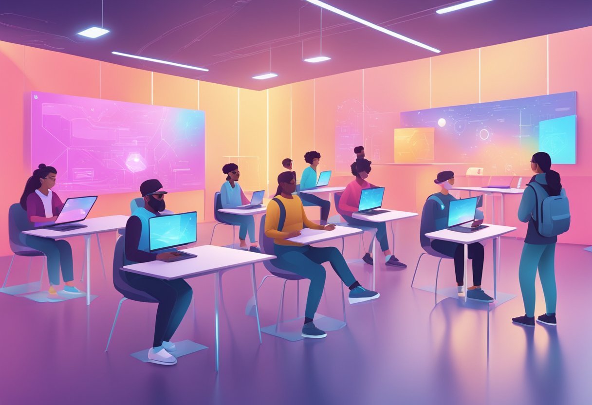 A futuristic classroom with holographic screens and interactive tools, students engaged in virtual reality simulations, and a sleek, modern design