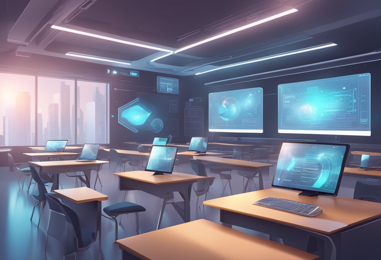 A futuristic classroom with holographic screens and interactive tools, surrounded by advanced technology and sleek design elements