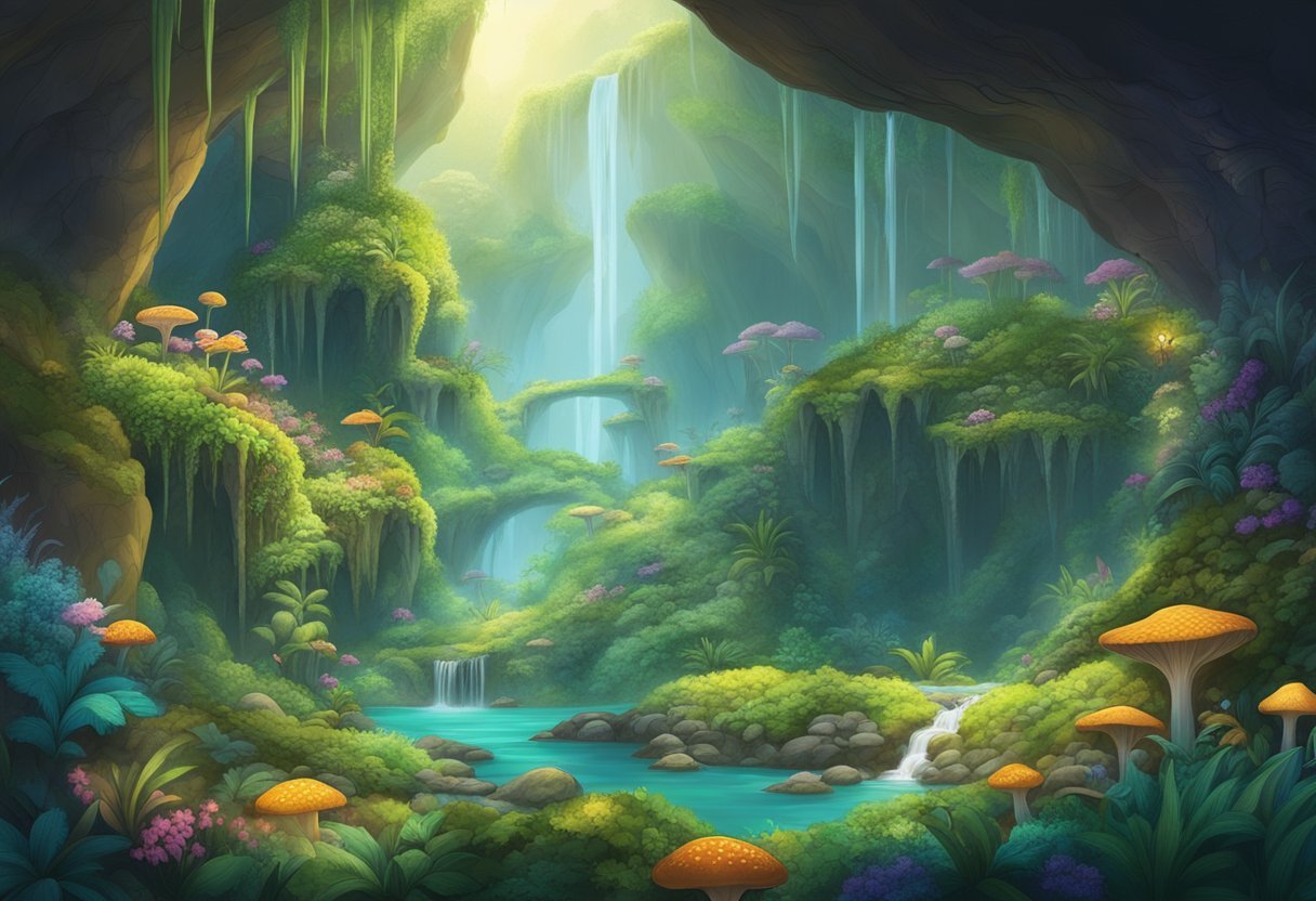 A lush, vibrant cave filled with diverse plant life, glowing fungi, and cascading waterfalls. The atmosphere is teeming with life and energy