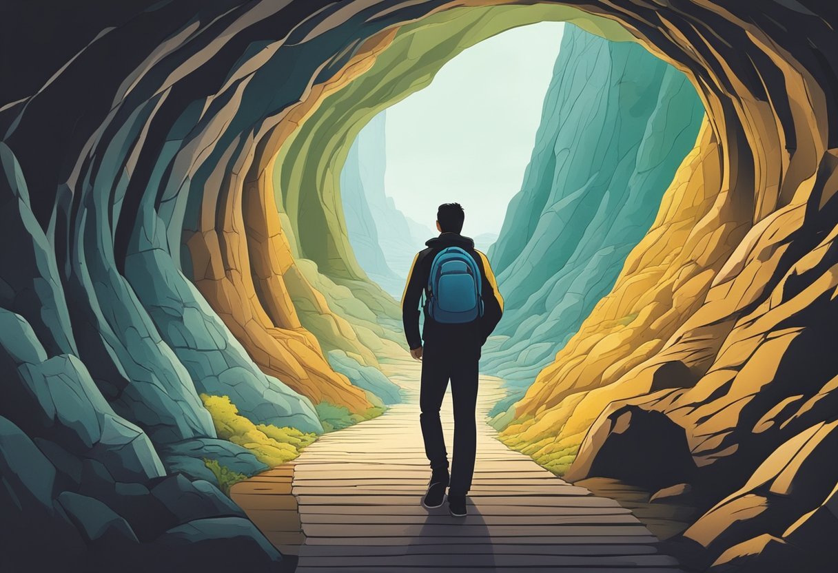 A customer walks through a cave-like tunnel, encountering various stages of growth and experiences along the way