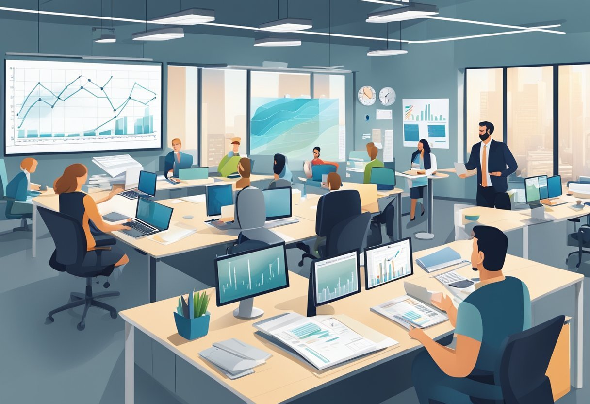 A bustling office space with charts, graphs, and a whiteboard filled with strategic plans. Employees collaborate and brainstorm ideas, while the atmosphere buzzes with excitement and ambition