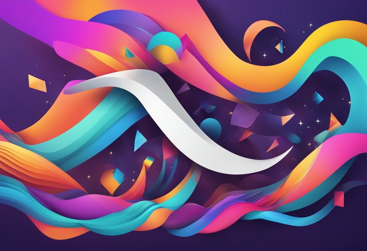 A colorful boomerang-shaped logo flying through a vibrant digital landscape with a mix of modern and futuristic elements