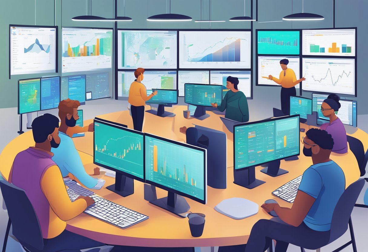 A diverse group of people engage in cryptocurrency trading and networking at an Ihub Global event. Multiple screens display financial data and charts, while individuals exchange ideas and collaborate