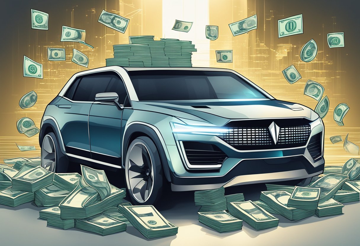 A sleek, futuristic machine hums with power, surrounded by stacks of cash and financial charts. The machine emits a glow, symbolizing wealth and success