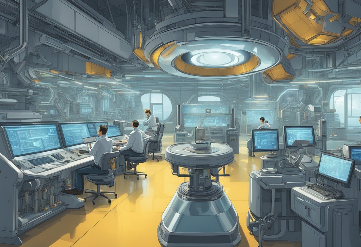 The scene depicts a futuristic laboratory with advanced technology and security measures in place. A large, complex machine, the "Infinite Income Engine," is the focal point, emanating an aura of power and legitimacy