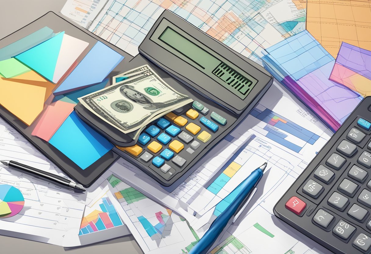 A stack of money sits on a desk next to a computer displaying financial charts and graphs. A calculator and pen are nearby, along with a notebook filled with calculations and notes