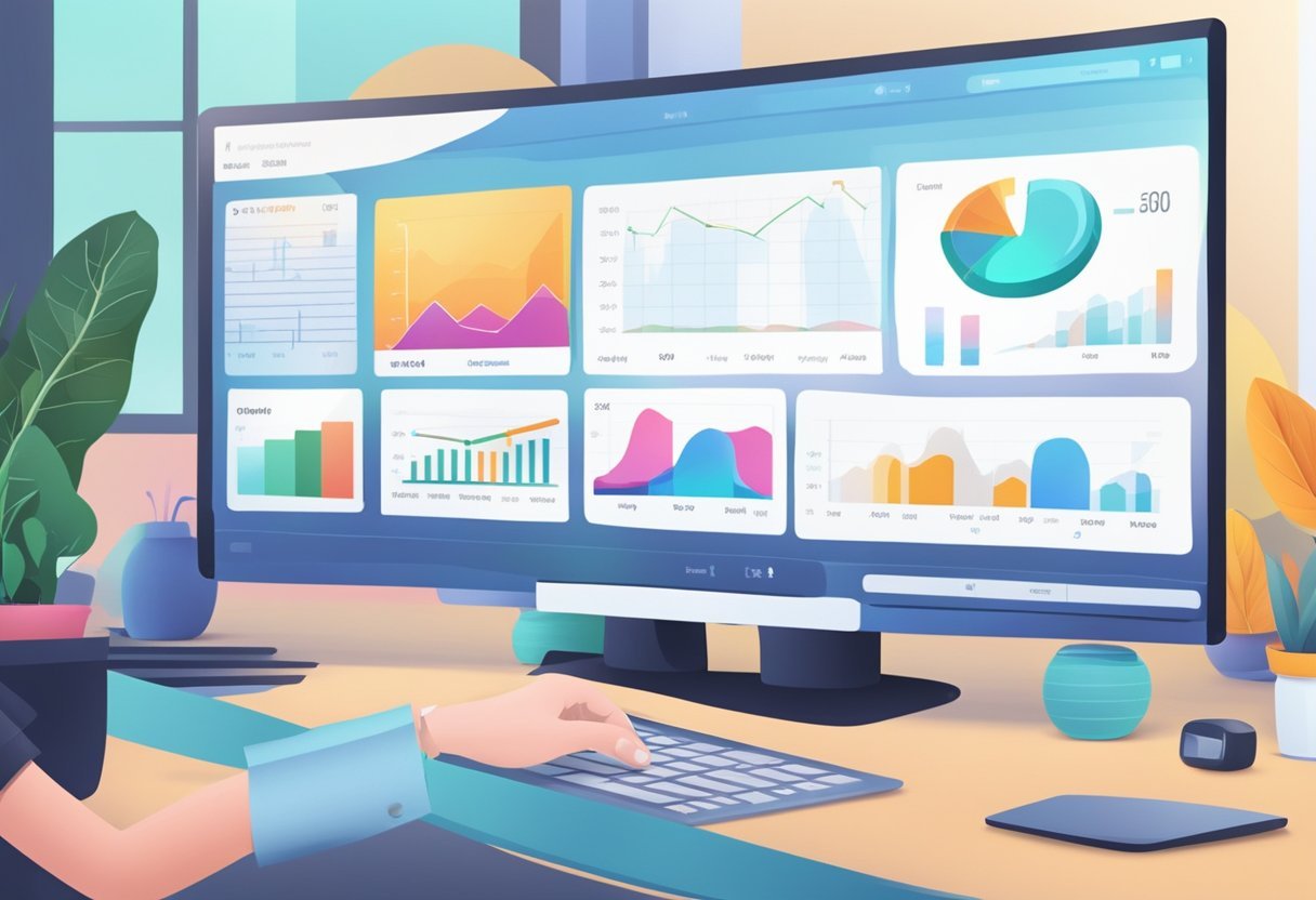 A computer screen displays a sleek dashboard with charts and graphs, showing a steady increase in income. A user's hand hovers over a mouse, ready to click on the next step