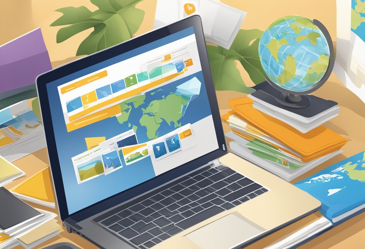 A laptop displaying the Inteletravel website with a globe in the background, surrounded by travel brochures and a suitcase