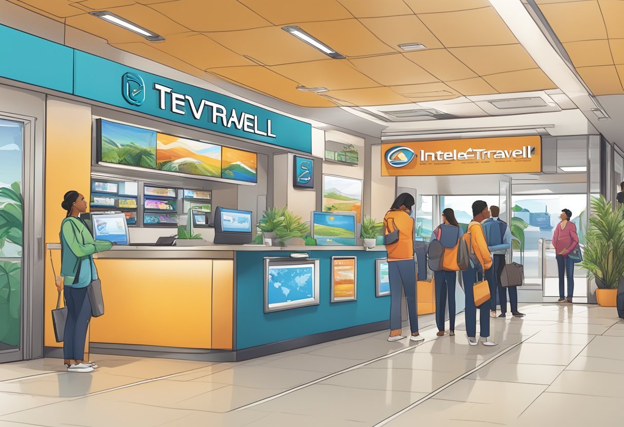 A bustling travel agency stands out among competitors, with Inteletravel's logo prominently displayed. Other businesses fade into the background as customers flock to Inteletravel's vibrant and inviting storefront