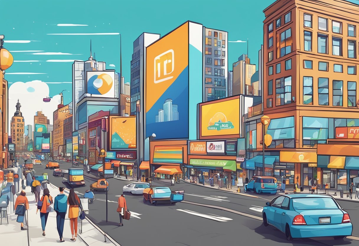 A vibrant cityscape with billboards, storefronts, and busy streets. A mix of traditional and digital marketing elements, such as flyers and social media ads, are prominently displayed