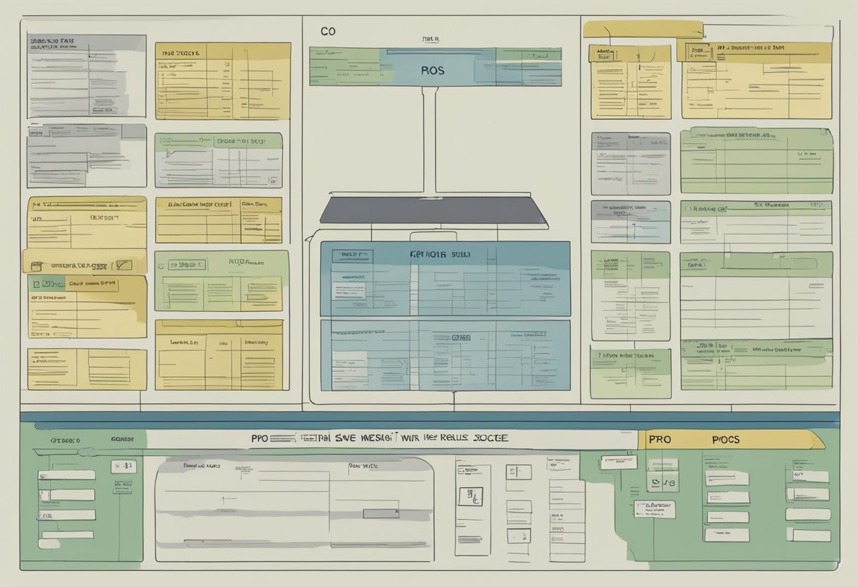 The scene depicts a scale with "Pros" on one side and "Cons" on the other. The "Meet Kevin Course Review" title is displayed above, with various factors listed on each side