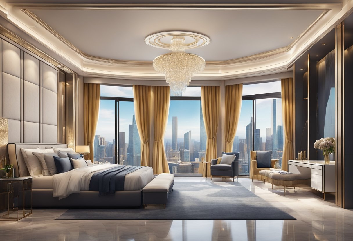 A luxurious bedroom with a grand canopy bed, a walk-in closet filled with designer suits and dresses, and a marble bathroom with a jacuzzi and a view of the city skyline