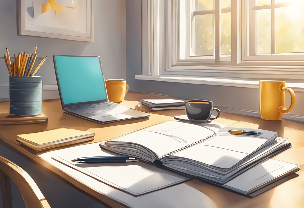 A desk with a planner, pen, and coffee mug. Sunlight streams through an open window onto the organized workspace