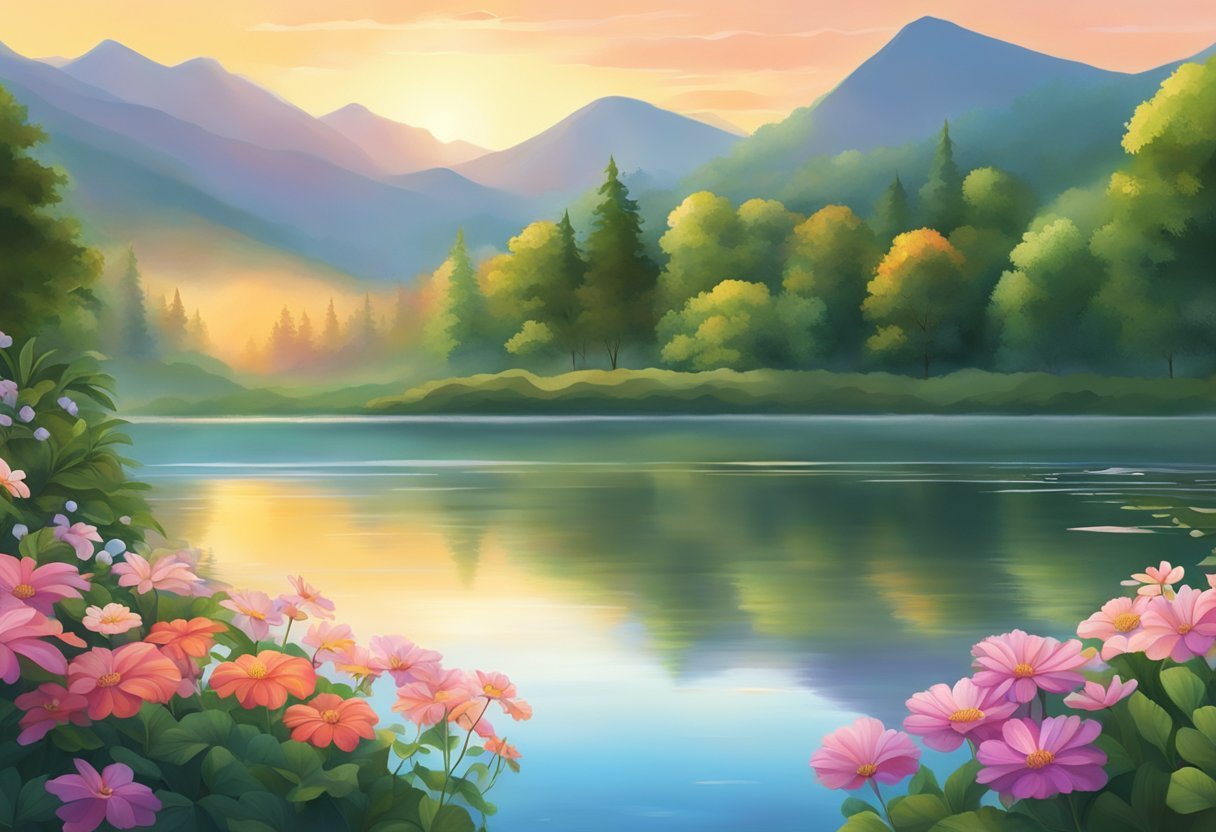 A serene sunrise over a tranquil lake, surrounded by lush greenery and vibrant flowers, with a sense of calm and peacefulness in the air