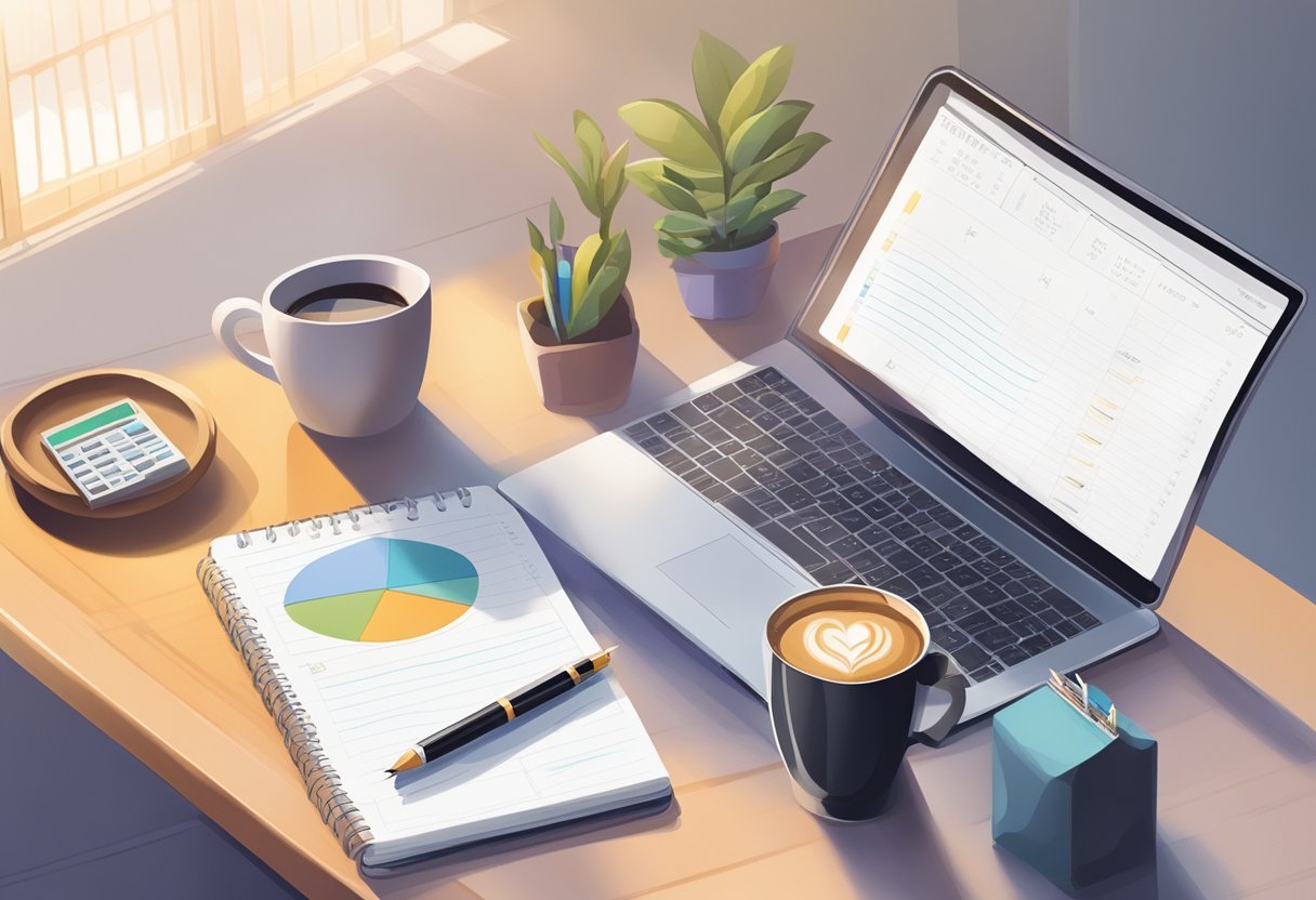 A sunlit desk with financial books, a planner, and a laptop. A cup of coffee steams next to a notepad with a list of goals