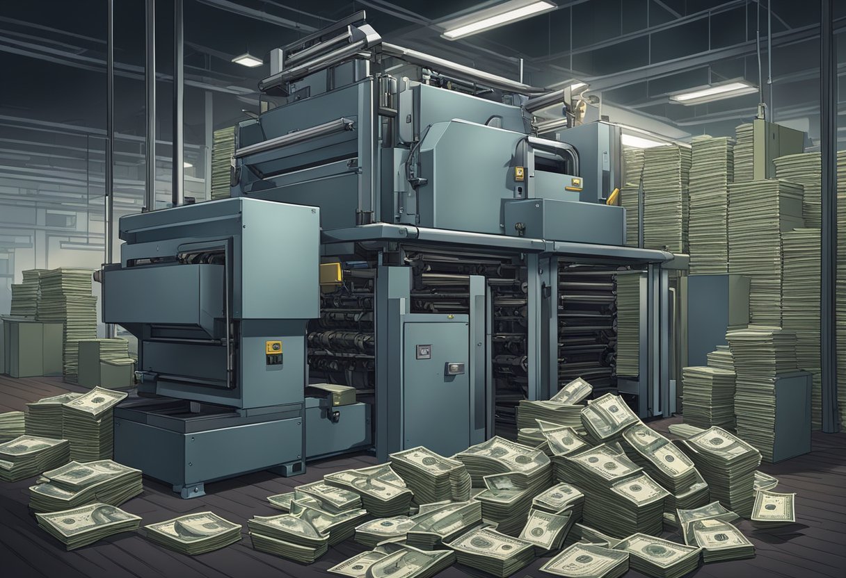 A large money press machine in a dimly lit room, with stacks of bills being fed into the machine and coming out pressed and organized