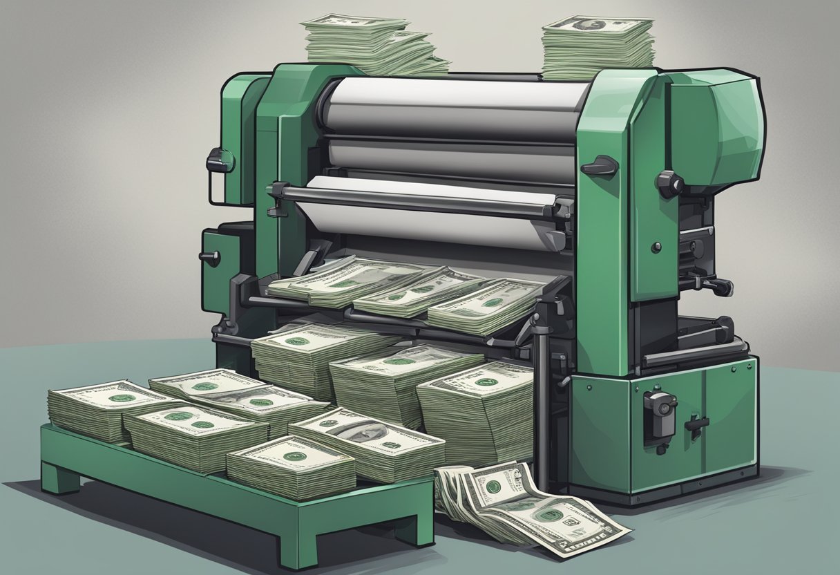 A large, industrial money press in action, with a stack of blank bills on one side and a finished stack of crisp, new bills on the other