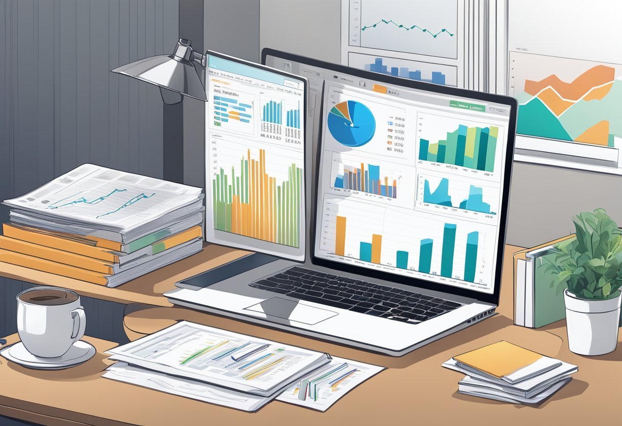 A stack of financial charts and graphs spread out on a desk, with a laptop open to a review of the Weekly Options Money Press Method