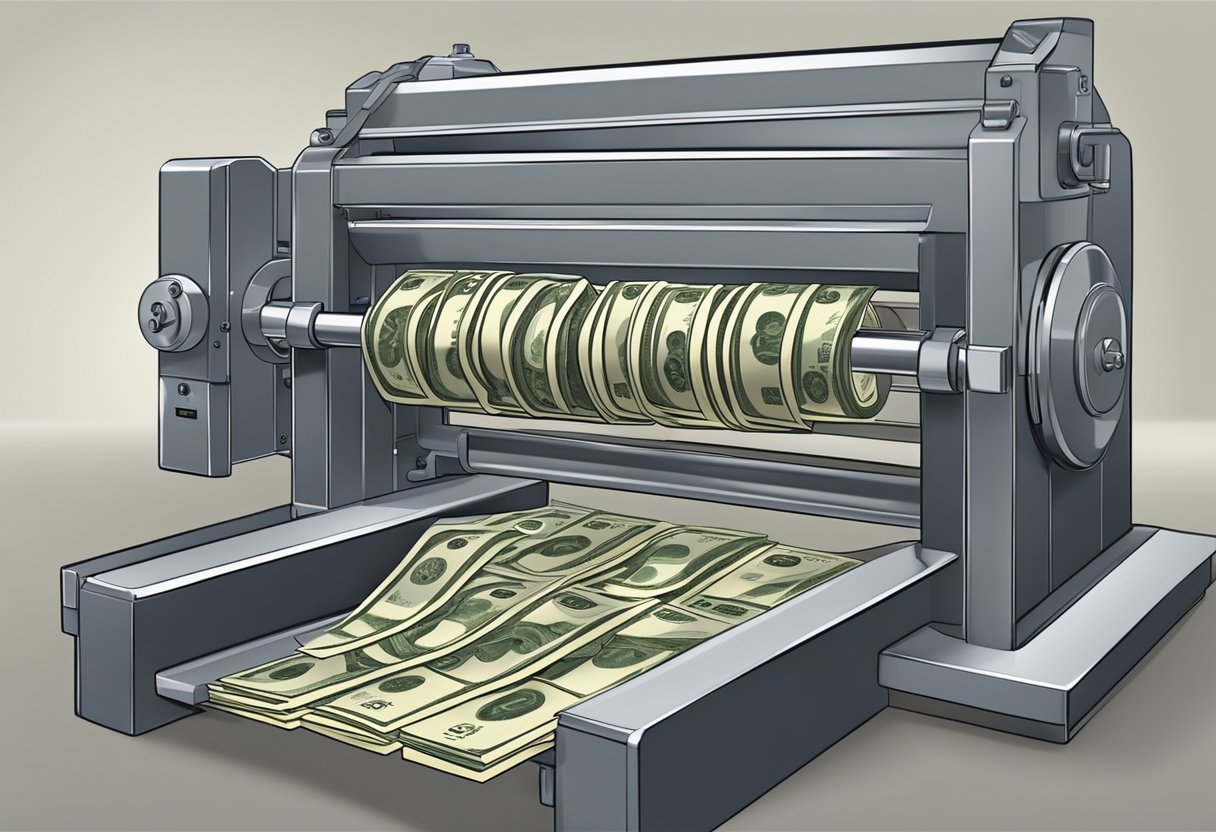 A money press in action, producing currency with precision and speed. The method is reviewed for its potential benefits and risks