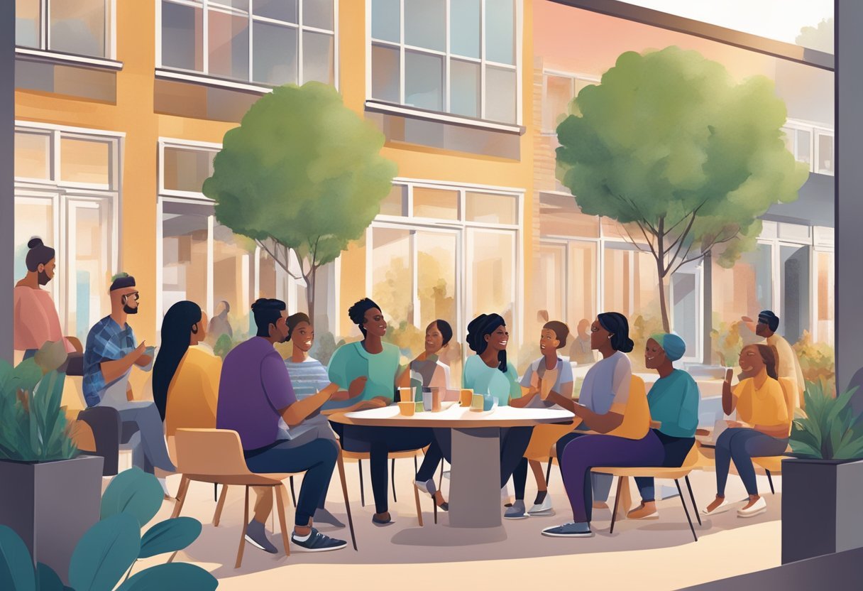 A diverse group of people discussing community living in a modern, urban setting. The scene exudes collaboration and connection